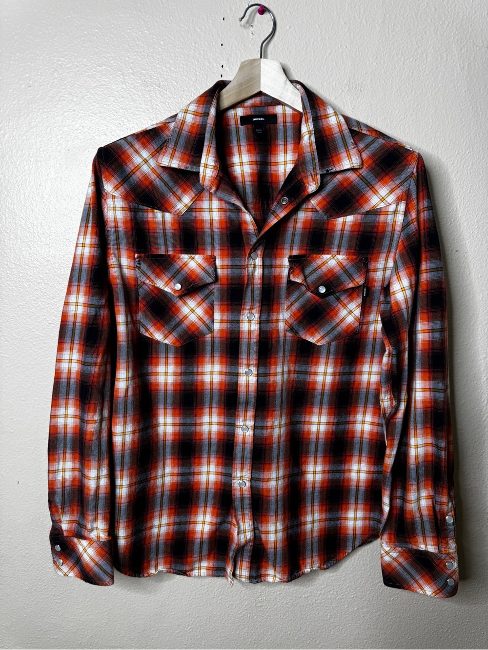 Diesel Shirt Men’s XL Orange Plaid Western Snap Cotton Flannel Y2K